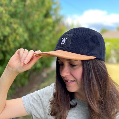 5 Panel Cord - Black/Camel with Black Chenille Bear