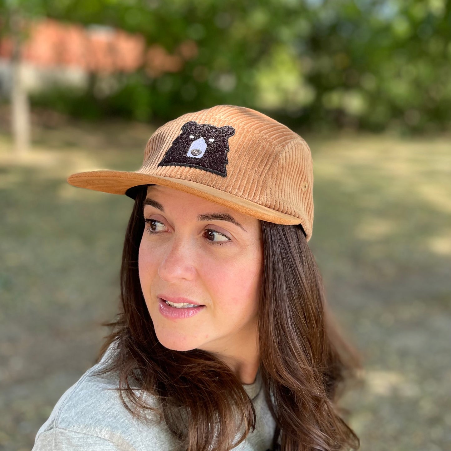 5 Panel Cord - Camel with Black Chenille Bear