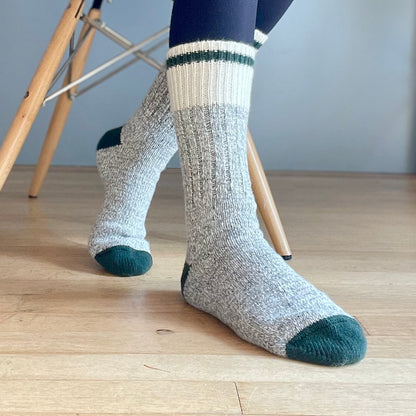 Chunky Wool Work Sock - Grey Marl with Dark Olive Stripe