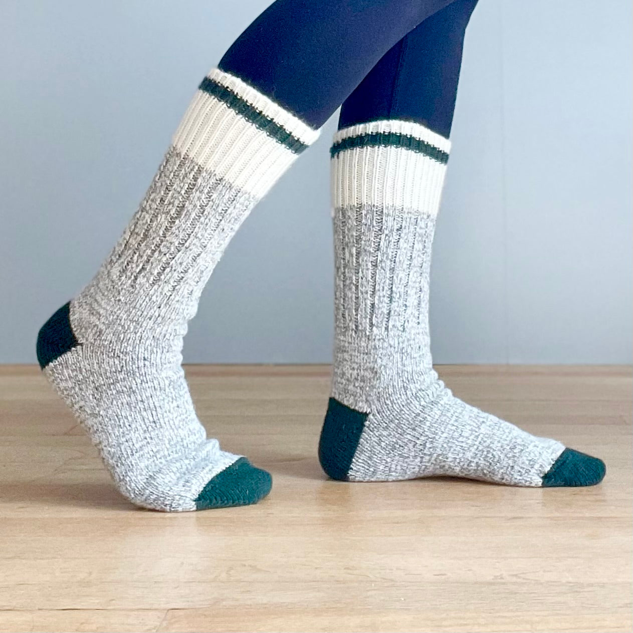 Chunky Wool Work Sock - Grey Marl with Dark Olive Stripe