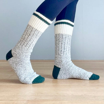 Chunky Wool Work Sock - Grey Marl with Dark Olive Stripe