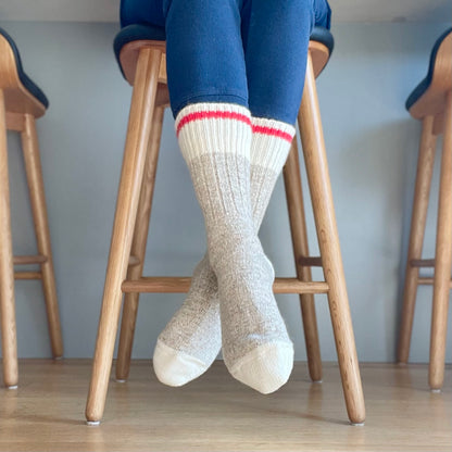 Chunky Wool Work Sock - Oatmeal with Red Stripe