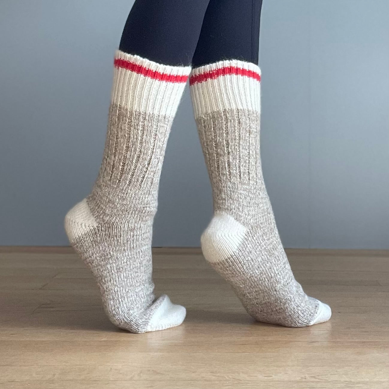 Chunky Wool Work Sock - Oatmeal with Red Stripe
