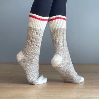 Chunky Wool Work Sock - Oatmeal with Red Stripe