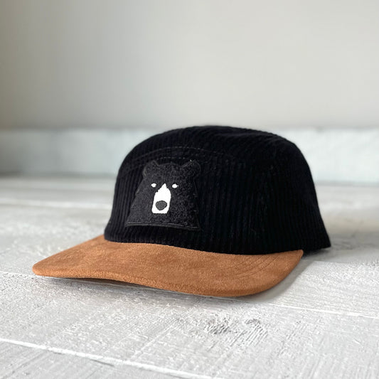 5 Panel Cord - Black/Camel with Black Chenille Bear