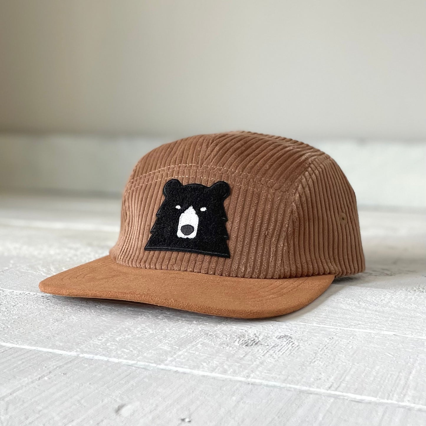 5 Panel Cord - Camel with Black Chenille Bear