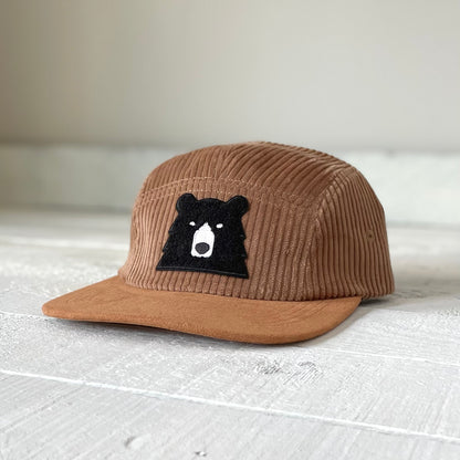 5 Panel Cord - Camel with Black Chenille Bear