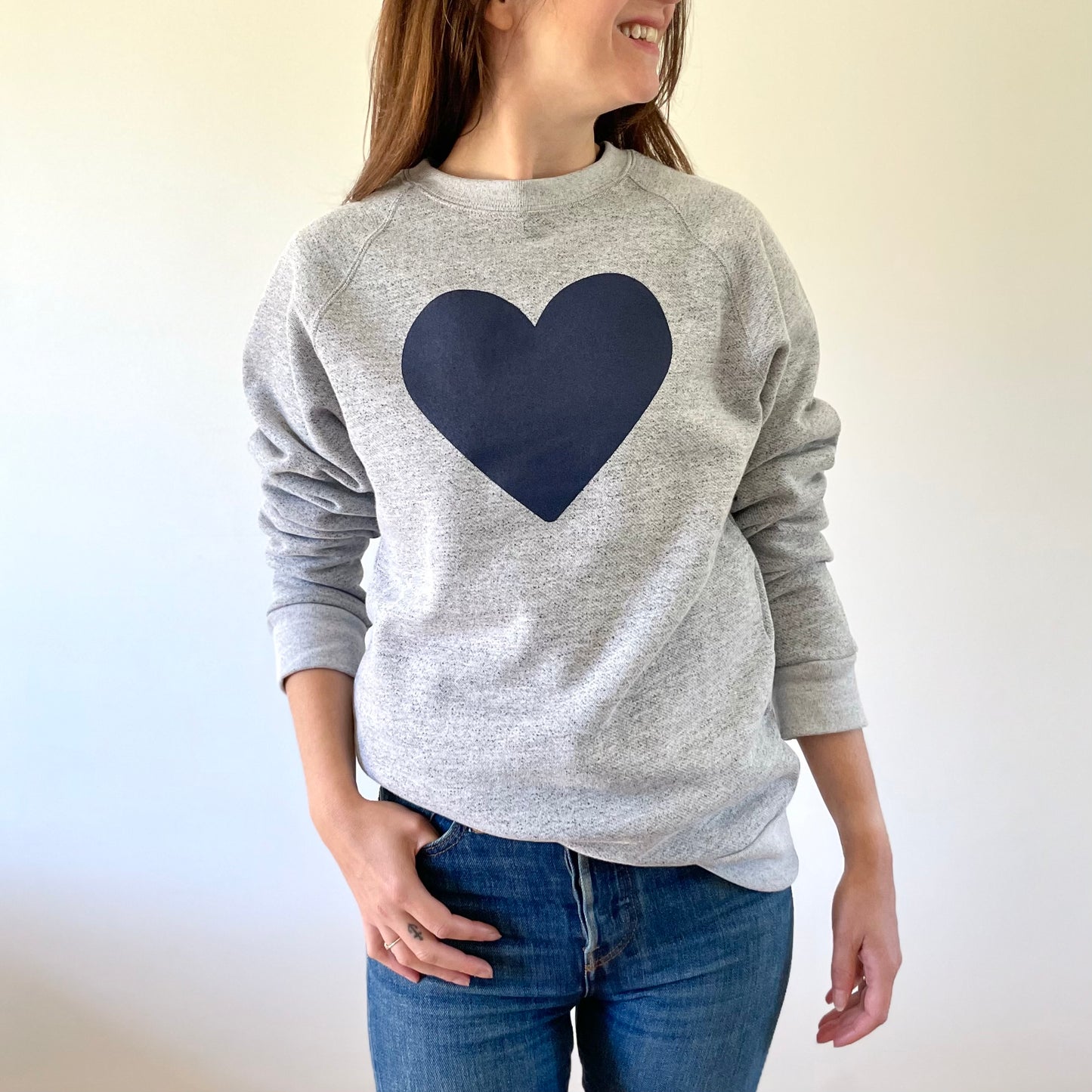 Heart Crew Sweatshirt - Ash Marl with Navy