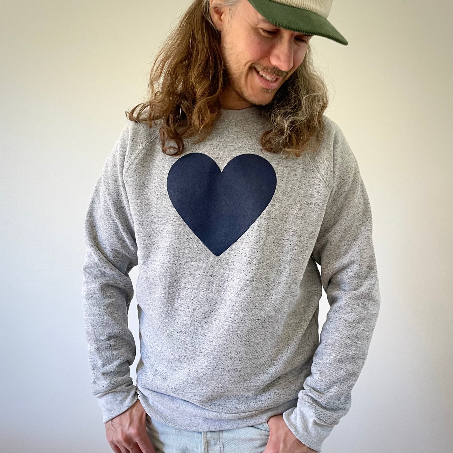 Heart Crew Sweatshirt - Ash Marl with Navy