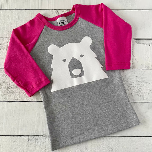 Kids Big Bear Baseball Tee - Grey Marl/Fuchsia with White