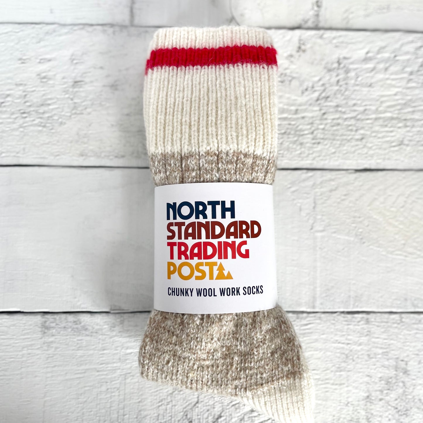 Chunky Wool Work Sock - Oatmeal with Red Stripe