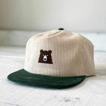 Unstructured Cord Snapback - Cream/Spruce with Lil Brown Bear