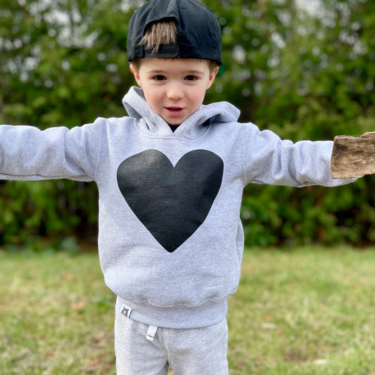Kids Heart Pop Over Hoodie - Grey Marl with Black