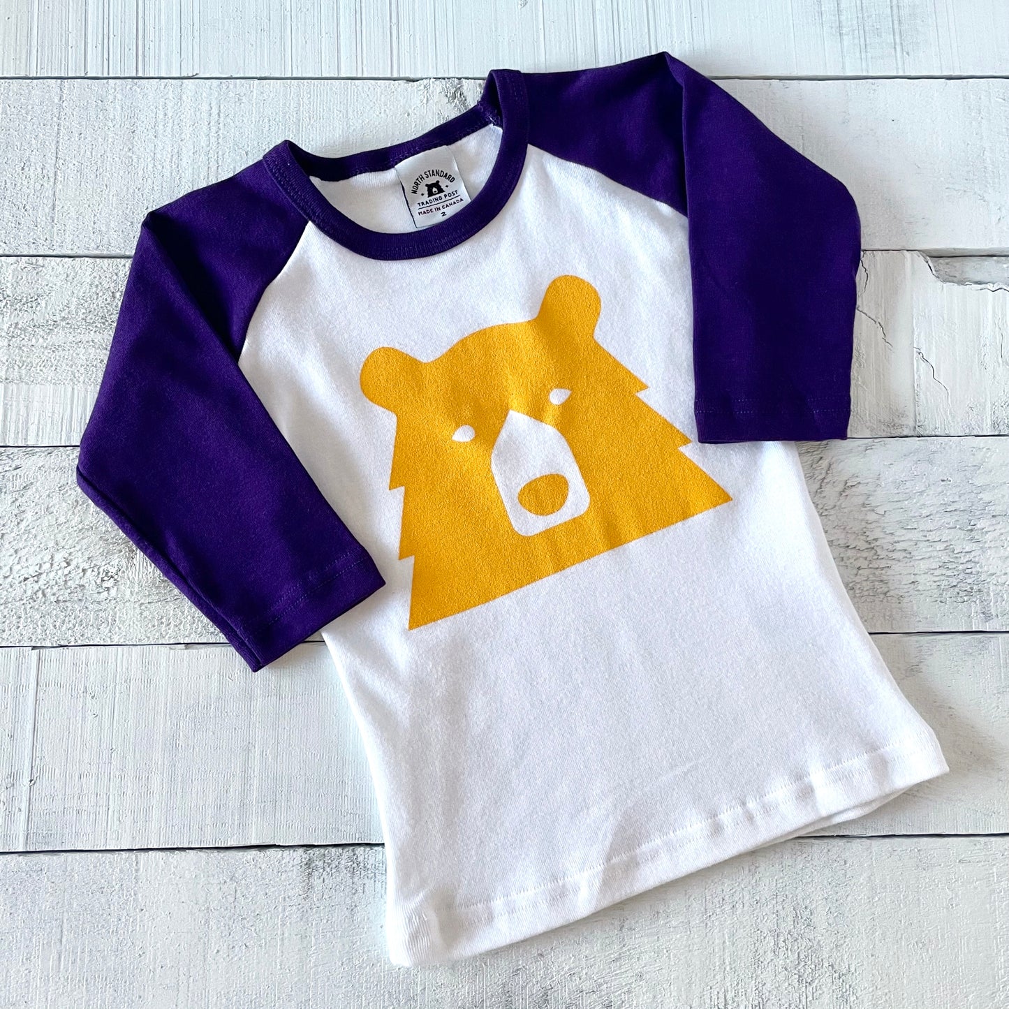 Kids Big Bear Baseball Tee - White/Purple with Golden Yellow
