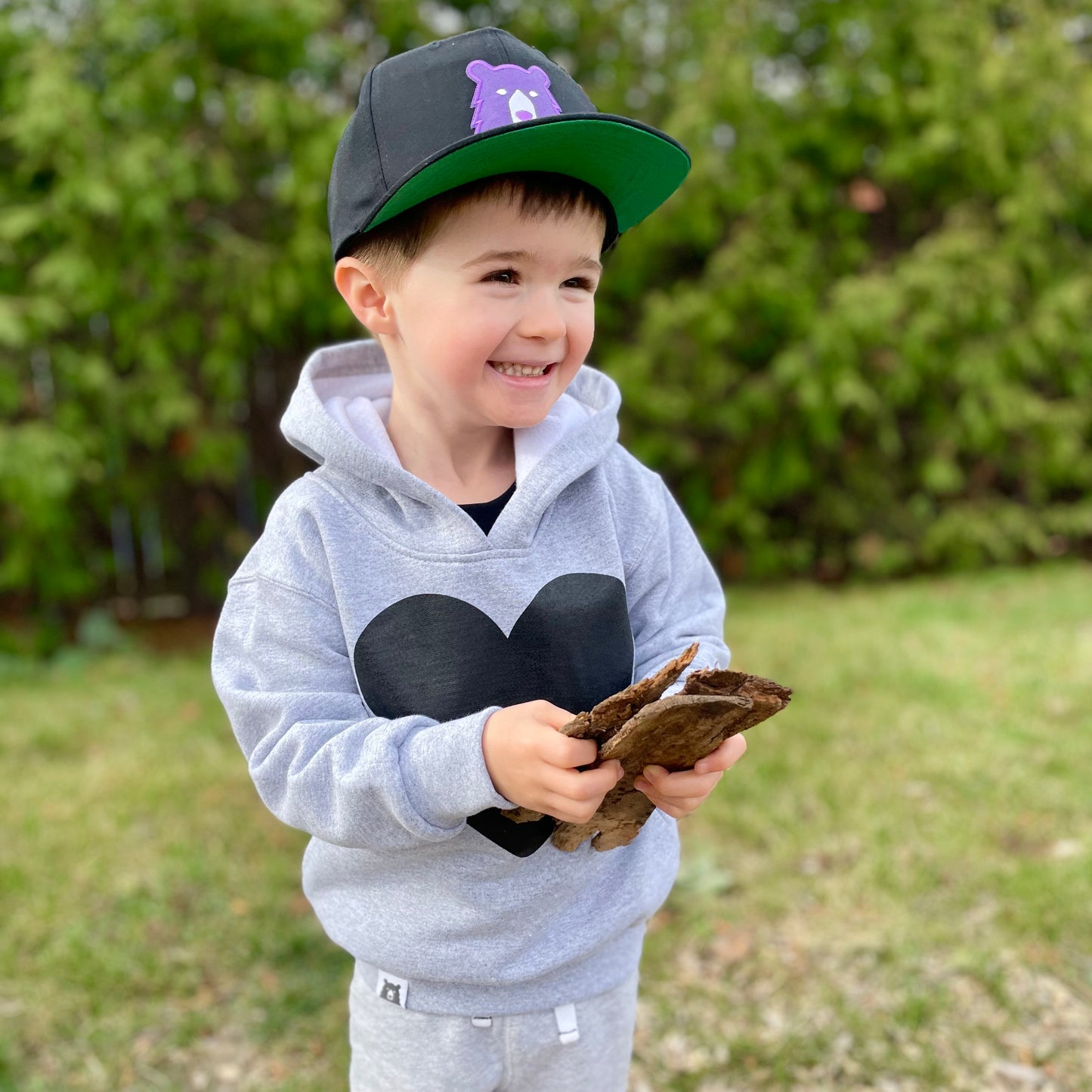 Kids Heart Pop Over Hoodie - Grey Marl with Black